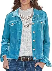 [Leyoutx] Women's Velvet Jacket Long Sleeve Button Down Cropped Open Front Coat with Pockets