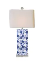 Beautiful Rectangular Blue and White Porcelain Table Lamp Crystal Base 26"