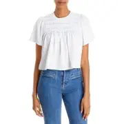 Aqua Peasant Short Sleeve Womens White Smocked Gathered Tee T-Shirt Size Large