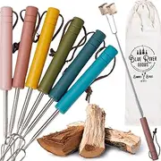 Smores Sticks | Set of 6 Marshmallow Roasting Sticks in Boho Colors | Telescoping Stainless Steel w/Solid Wood Handles | Smore Sticks for Marshmallow Sticks for Fire Pit | Smore Sticks for Fire Pit