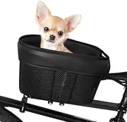 SOUUXIU Dog Bike Basket, Mountain Bike Shopping Basket, Portable Cat and Dog Carrier for Front Crossbar of Bike with Sponge Lining Seat Belt (Black)