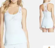 $28 NWT BETSEY JOHNSON WOMENS BLUE "MRS." TANK TOP W/ LACE RAZORBACK SIZE L JL94