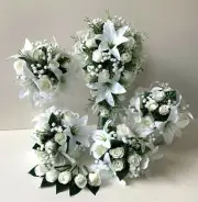 SILK WEDDING BOUQUET WHITE ROSES LILY LATEX GYP TEARDROP FAKE GREEN FLOWERS SET