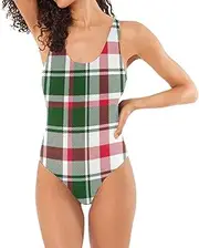 [Joitme] Classic Festive Plaid Green Bathing Suit One Piece for Women, Small, One Piece Swimwear for Women