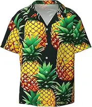 [YANYU] Tropical Fruit Pineapples Print Hawaiian Shirts Men Short Sleeve Button Down Cuban Collar Shirt Summer Beach Days