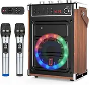 JYX Karaoke Machine with Two Wireless Microphones, Bass/Treble Adjustment and LED Light, Support TWS, AUX In, FM Radio, REC, Supply for Party/Meeting/Wedding - Wood Grain