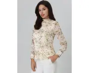 Hobemty Floral Pleated Ruffled Stand Collar Long Sleeve Blouse - White - White