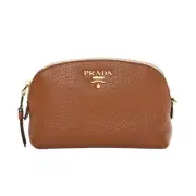 Prada Vitello Daino Cannella Brown Leather Small Cosmetic Case Bag New
