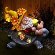 Garden Gnomes Outdoor Decor - Funny Sunflower Gnome Sitting on Turtle with