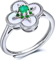 [Razzberry] Emerald Natural Shell Clover Womens Gemstone Adjustable Ring in 925 Sterling Silver with Premium Ring Box