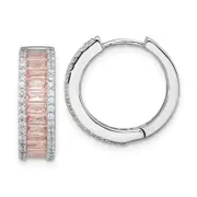 Sterling Silver Cheryl M Rhodium-Plated Emerald-Cut Pink Nano Crystal And White Brilliant-Cut Cz Round Hinged Hoop Earrings