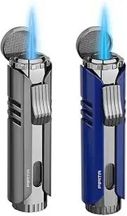 PIPITA 2 Pack Torch Lighter Windproof Butane Gas Lighter Jet Single Flame Metal Lighter, Adjustable Flame and Refillbale Fuel Metal Lighter (Butane Not Included) (Grey+Blue)