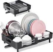 Foldable Stainless Steel Dish Drainers with Removable Cutlery Holder & Non-Scratch Plate Rack, Black
