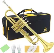 Yasisid Bb Standard Trumpet Set, Brass Adults Play Western Wind Instruments for Beginners or Advanced Students, with Hard Case, Cleaning Kit, 7C Mouthpiece, Cloth and Gloves (Golden)