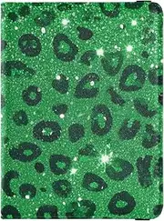 [Amooorous] Fake Glitter Leopard Print Green Leather decorative passport holder for travel family Vaccine Card Holder Cover Combo Cute Passport Book Ultra Slim, Fake Glitter Leopard print green, 1 size