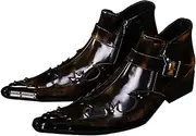 [Generic] Ankle Boot for Men High Top Boot Slip On StyleGenuine Leather Monk Strap Metal Pointed Toe Retro Colors Side Zipper Block Heel