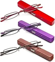 Small Reading Glasses Men Women 3 Pairs Slim Pocket Readers with Pen Clip Metal Case Spring Hinge 1.0 1.5 2.0 2.5 3.0 3.5