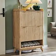 T4TREAM Fluted Shoe Storage Cabinet with 2 Flip Drawers, 16" Deep Shoe Organizer for 28 Pairs, Curved Profile Design, Wooden Shoe Rack for Entryway, Hallway - Natural Oak