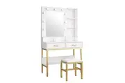 Large Dressing Table and Stool Set Vanity Makeup Dresser Table Set with 9 LED Lighted Mirror