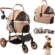 Pet Stroller with 4 Wheels, Foldable Pet Travel Carrier for Small/Medium Dogs Cats up to 50lbs, Detachble Portable Pet Bag, Storage Basket, Car Seat 3 in 1 Multifunctional (Tan)