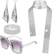 5Pcs Disco Accessories for Women, Disco Costume Set with Sequins Scarf Rhinestone Sunglasses Fancy Dress Kit for Ladies Girls Retro 70s 80s Theme Party