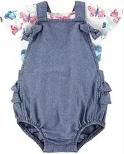 [Carter's] Baby Girls Sunsuit Coverall Set (Chambray/Pink, 6m)