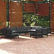 Patio Furniture Sets 12 Piece Garden Lounge Set with Cushions Black Solid Pinewood
