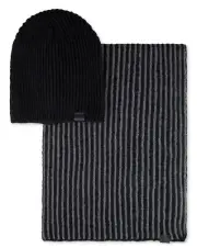 New Mens Kenneth Cole Reaction Black Rib Knit Beanie and Striped Scarf 2 pc Set