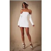 Premium White Woven Bandeau Boned Mini Dress, White