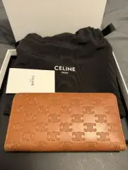 CELINE Women Tan Leather Zip Around Long Logo Wallet Authentic