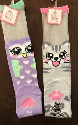 JUSTICE (LAVENDER OWL/GREY CAT) KNEE SOCKS SHEER ACCENT SIZE M/L SUPER CUTE WOW!