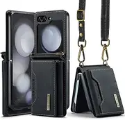 [UDBKKDX] Wallet Case for Samsung Galaxy Z Flip 5, Matte Leather with Viewing Stand Camera Lens Protection Shockproof Card Holders Cover with Shoulder Straps case Cover