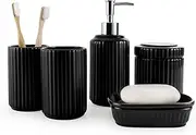 Umlaca Bathroom Accessories Set 5PCS – Foaming Soap Dispenser, Soap Dish, Qtip Holder & Tumbler Cups –Modern Bath Accessories for Home, Luxury Decor Elegant Apartment Storage Set (Black)
