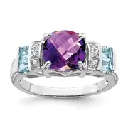 Sterling Silver Rhodium Amethyst, Light Swiss Blue Topaz u0026 Diamond Ring