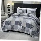Queen Size Quilt Set Grey Patchwork Floral Plaid Reversible Quilted Bedspread