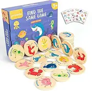 Protado Wooden Match Memory Game for Kids, 24Pc Memory Matching Cards with 5Pc Tattoo Stickers, Educational Memory Matching Game for Pre-Kindergarten Early Learning Development Kids (Marine Animal)