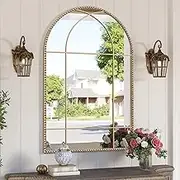 Wiserset Arched Gold Antique Mirror, 24" x 36" Arch Window Mirror with Beaded Metal Frame, Vintage Gold Arch Mirror, Decorative Wall Mirror for Living Room, Courtyard, Bedroom, Entryway