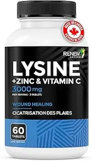 RENEW ACTIVES L-Lysine 1000 mg per Serving with Zinc & Vitamin C – Supports Immune Function, Collagen Formation, Antioxidant Support, & Healthy Skin, Hair, & Nails – Made in Canada – 60 Tablets