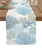 Blue Teal Coral Cotton Linen Rectangle Table Runners 13"x36", Summer Beach