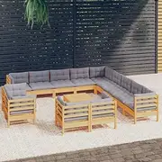 14 Piece Garden Lounge Set with Grey Cushions Solid Pinewood Patio Bar Sets