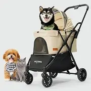【One-Pull Open Ver.】 PETTENA Dog Stroller for 2 Dogs, One-Touch Foldable Dog Stroller for Small/Medium Dogs Cats up to 55 Lbs, Khaki