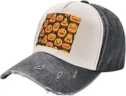 [pvinnk] Halloween Pumpkin Patterns Print Distressed Baseball Cap Adjustable Hat with Classic Unisex Style for All Seasons, Black and White, One Size
