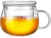 Bezall 300ml Glass Tea Cup with Infuser and Lid, Heat Resistance Clear Coffee Milk Juice Mug Flower Teacup (Flat Lid)