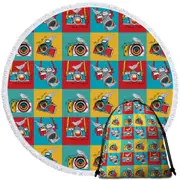 Multi Colored Retro Cameras and Birds Round Beach Towel