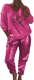 [DSAoTeng] Womens 2 Piece Sequins Sets Outfits Glitter Pullover Top + Long Pants Metallic Shiny Party Tracksuit Set