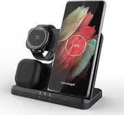 3 in 1 Wireless Charger, 15W Fast Wireless Charging Station Stand for Samsung Galaxy S24/S23/S22/S21/S20/S10,Note 20/10, Galaxy Buds Pro/Live, Galaxy Watch7/6/5 Pro/5/4/3/Active 2, Black