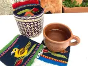 Zapotec Mug Coaster, 5"x6" Hand Woven 4 Pc Wool Bird Mini Rug & Storage Basket
