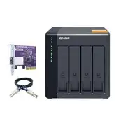 QNAP TL-D400S 4-bay desktop SATA JBOD expansion unit with a QXP-400eS-A1164 PCIe SATA host card and 1 SFF-8088 to SFF-8088 SAS/SATA 6Gb