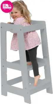 Montessori Toddler Learning Tower Step Stool Adjustable Height Safety Rail Gray