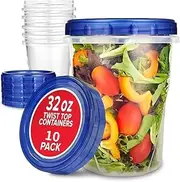 [32 oz 10 Pack]Food Storage Freezer Containers Clear Bottom with Blue Twist Top Lids,Reusable|Leakproof |Stackable|Microwave/Dishwasher Safe